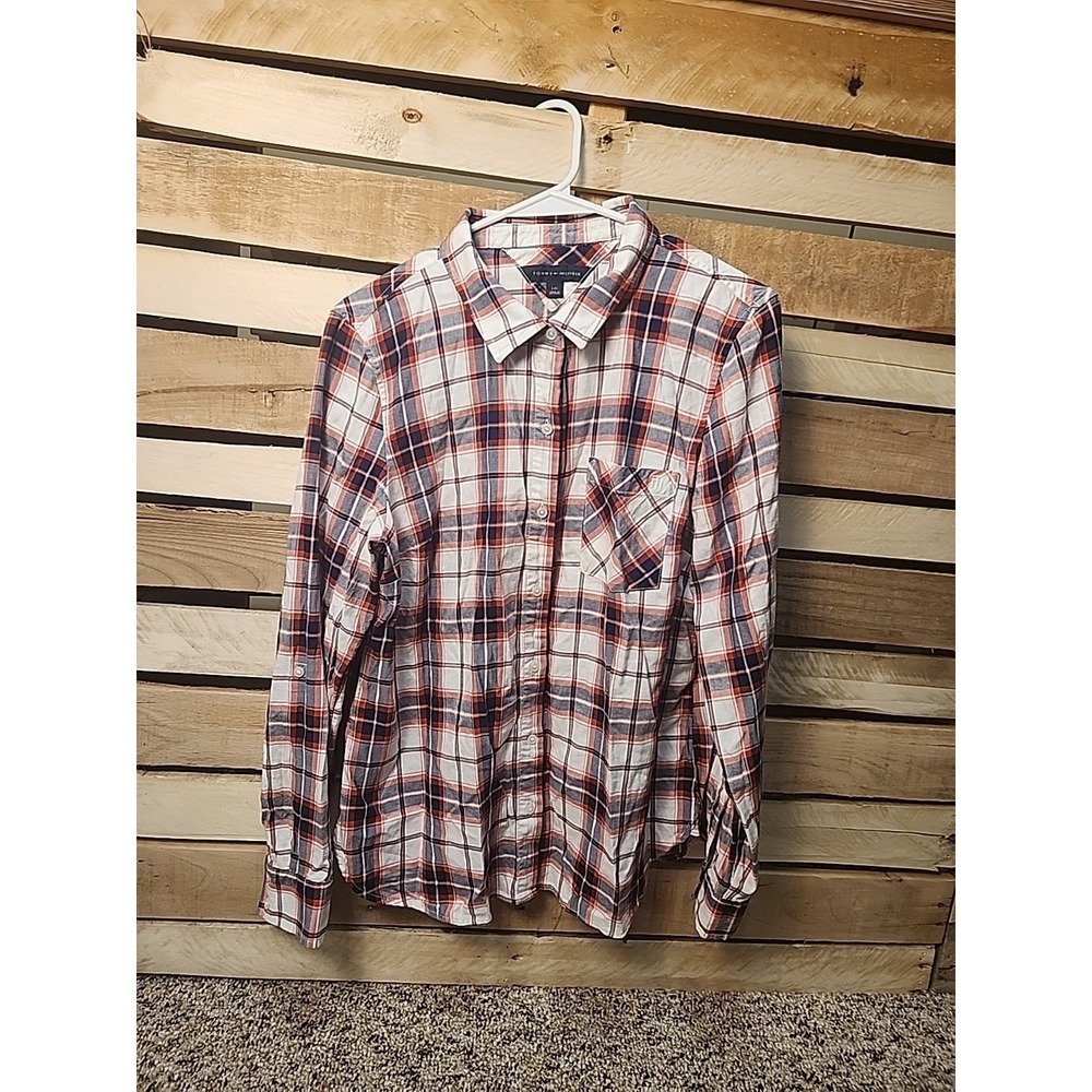 Tommy Hilfiger Women's Red, White, & Blue Plaid Oxford Button Up Shirt Flannel